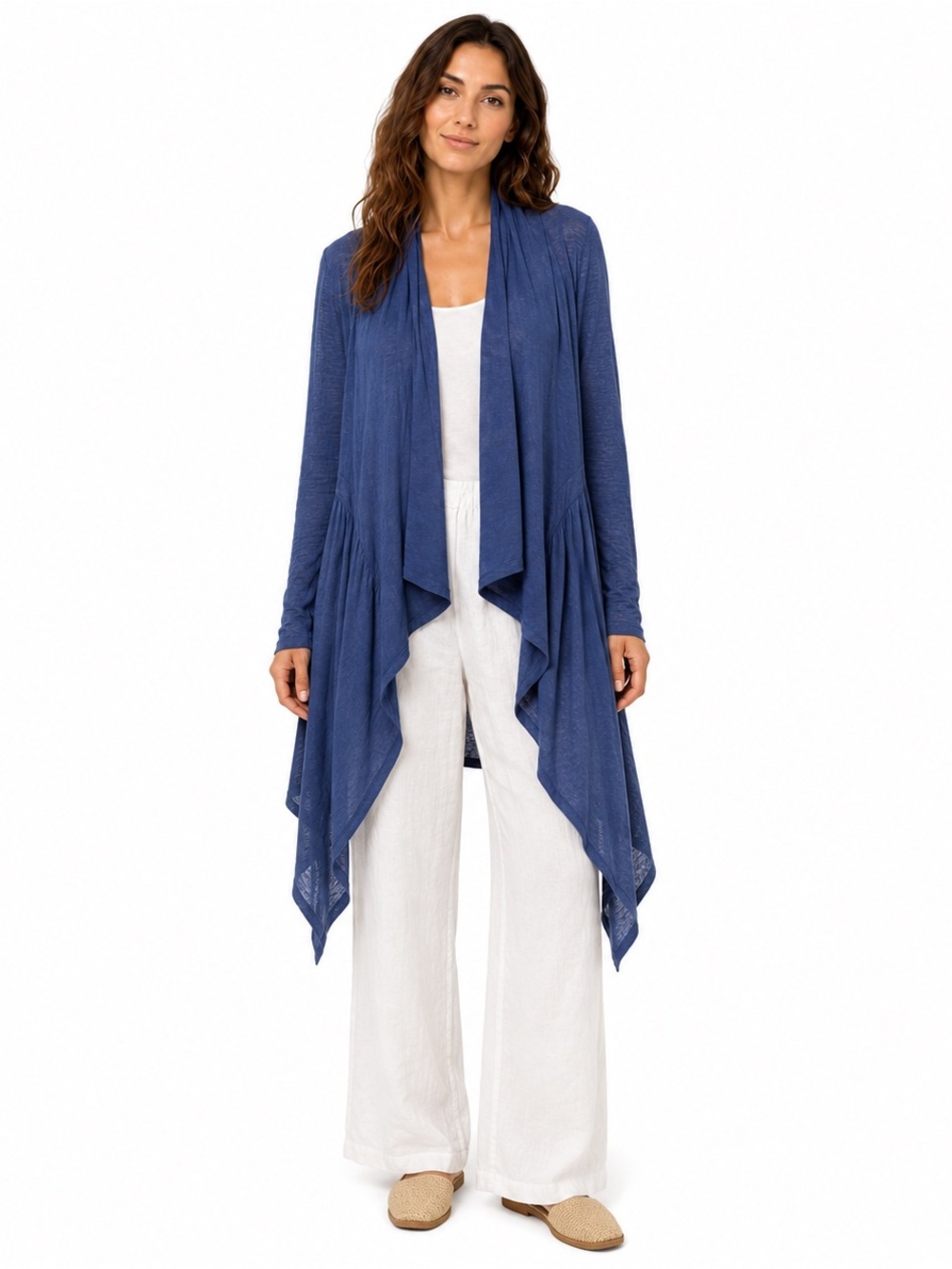 Cut Loose Blue Linen Blend Waterfall Cardigan Sweater Jacket Medium